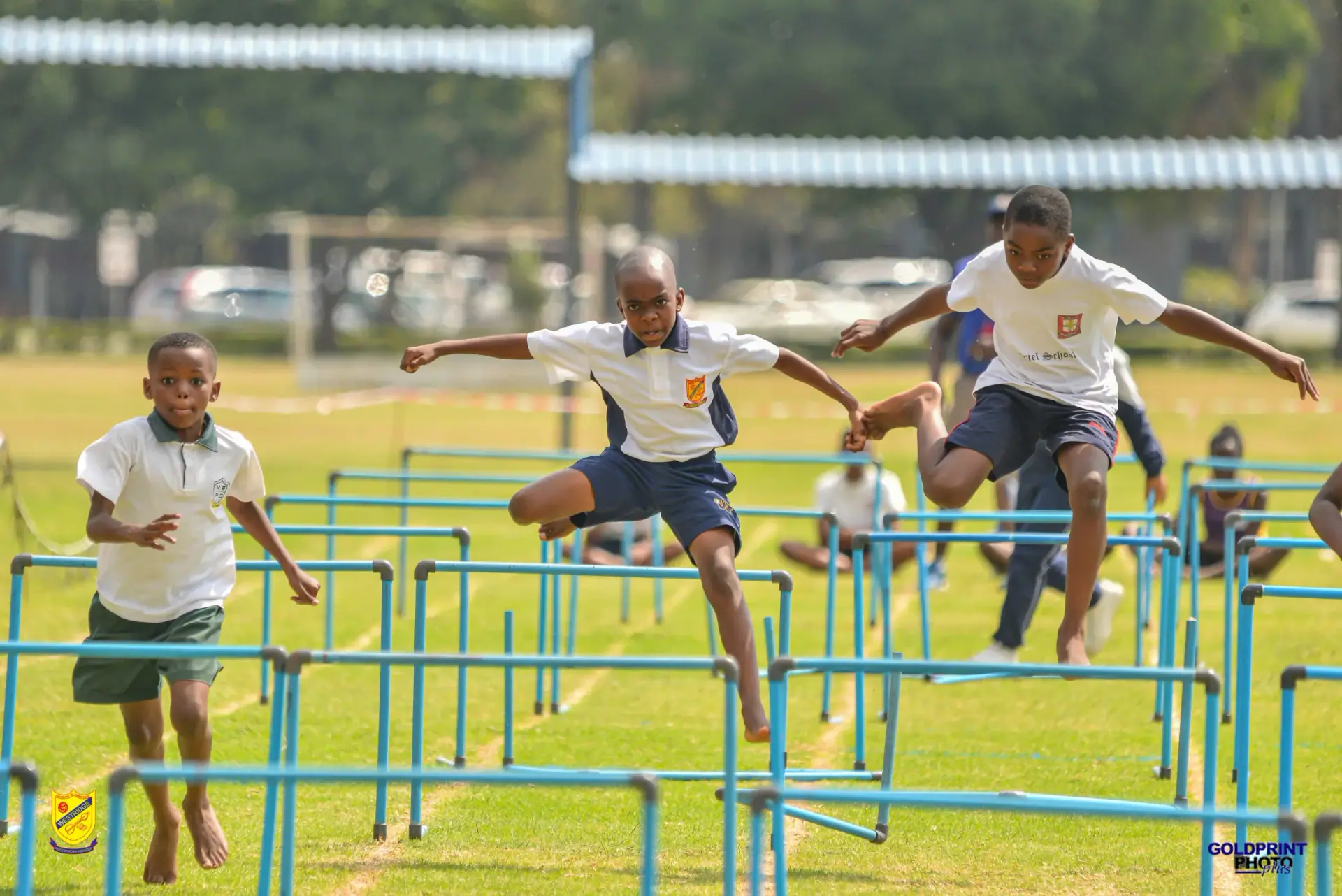 Westridge pupils clearing hurdles on the athletics track